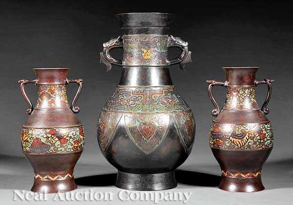 Appraisal: Three Chinese Cloisonn Embellished Patinated Bronze Vases early th c