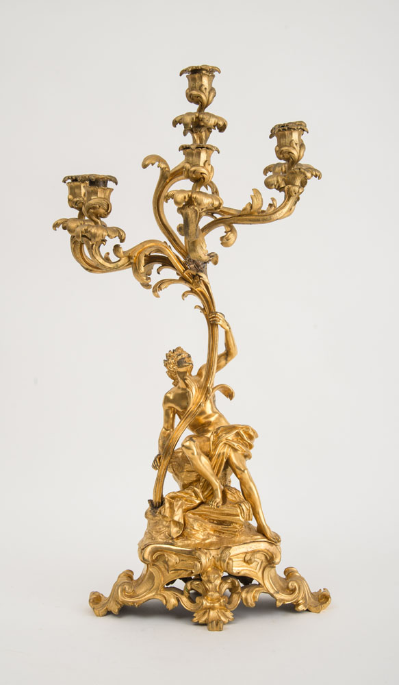 Appraisal: LOUIS XV STYLE ORMOLU FIGURAL SIX-LIGHT CANDELABRUM Modeled with a