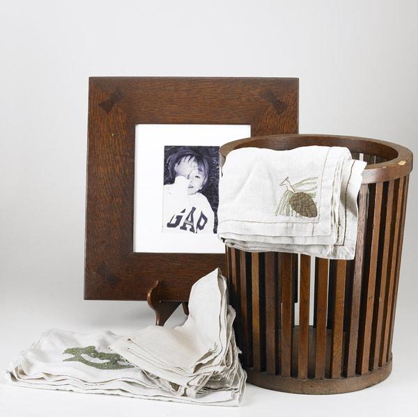 Appraisal: CONTEMPORARY ARTS CRAFTS Oak spindled wastebasket and picture frame together