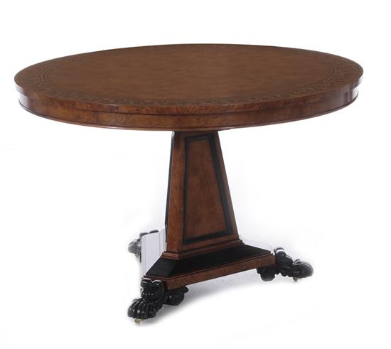 Appraisal: Baker Regency center table burlwood veneered top with black leaf