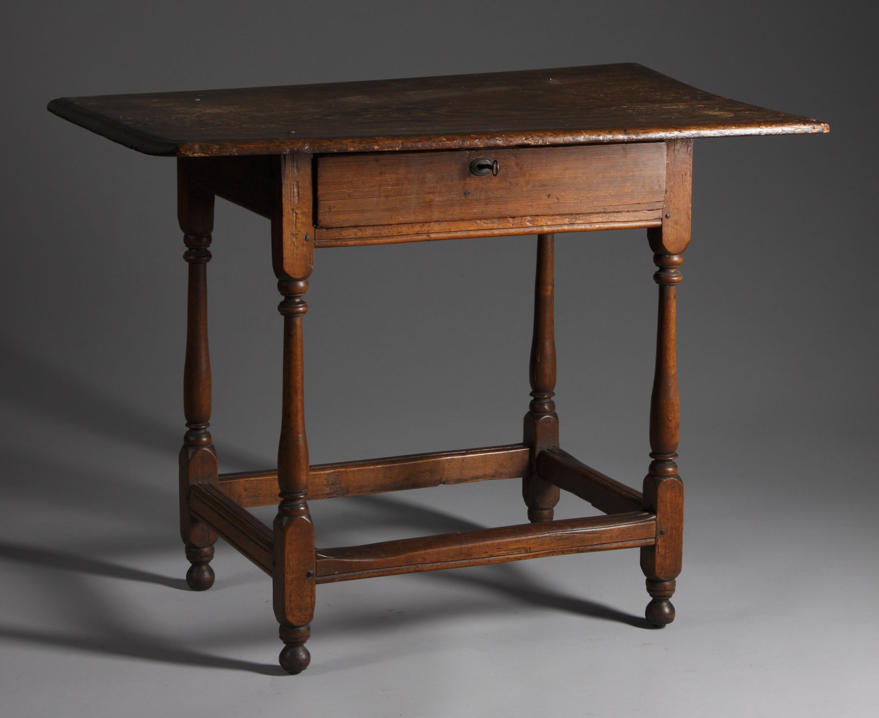 Appraisal: th Century Pine Drawer Tavern Table Stretcher base turned legs