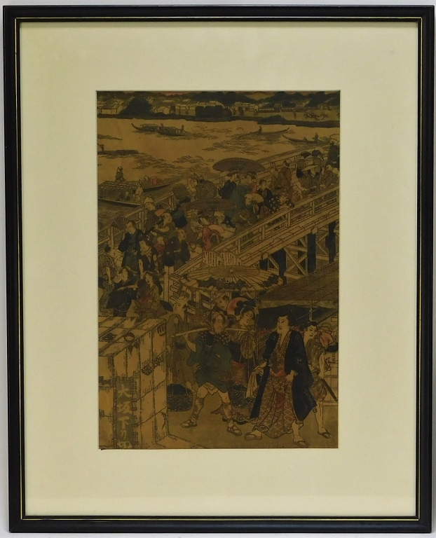 Appraisal: ATTRIB TOYOKUNI UTAGAWA CROWDED BRIDGE WOODBLOCK Japan - Depicting a