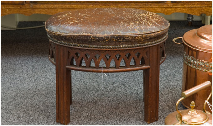 Appraisal: Oak Gothic Stool With Leather Upholstered Seat x Inches Height