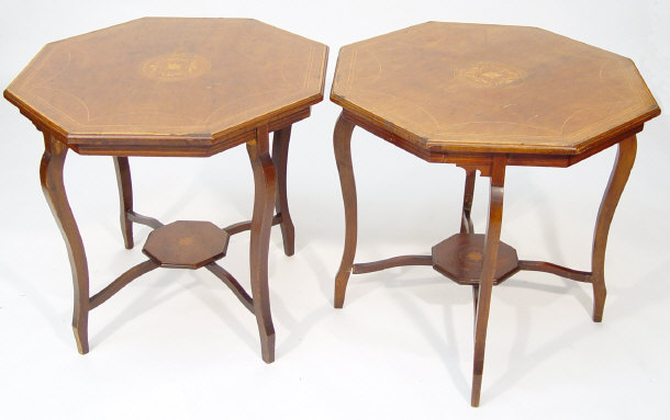 Appraisal: Pair of Edwardian octagonal mahogany occasional tables with floral inlaid