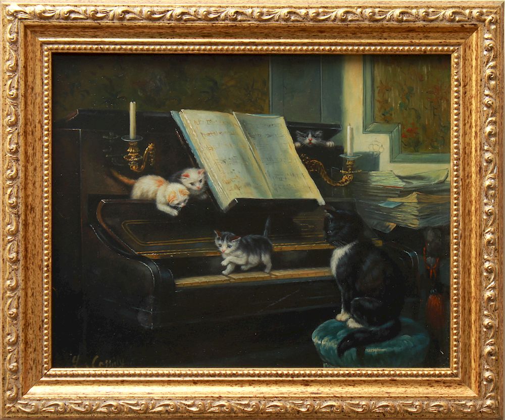 Appraisal: Laura E Cassidy Cat Four Kittens at Piano Oil Laura