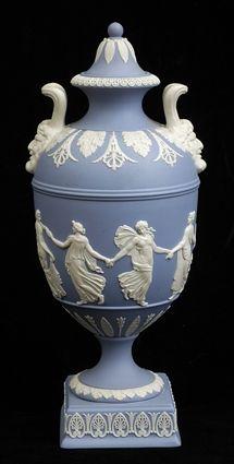 Appraisal: WEDGWOOD BLUE JASPERWARE TWO-HANDLED VASE AND COVER Impressed Wedgwood Made