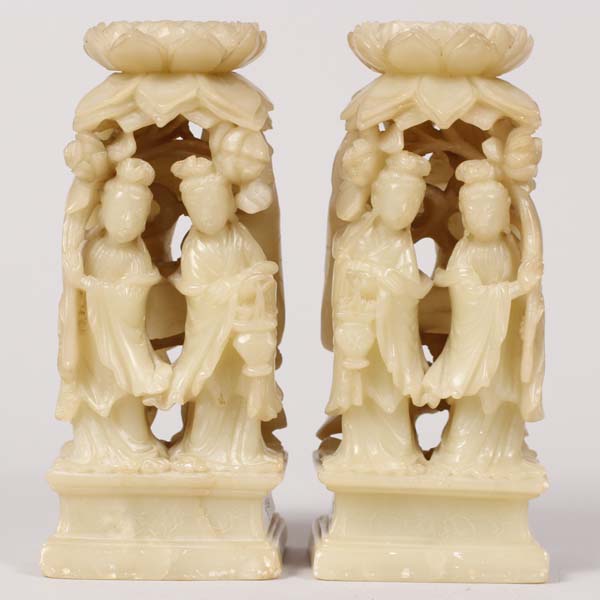 Appraisal: Pair of Chinese carved figural soapstone book ends with immortals