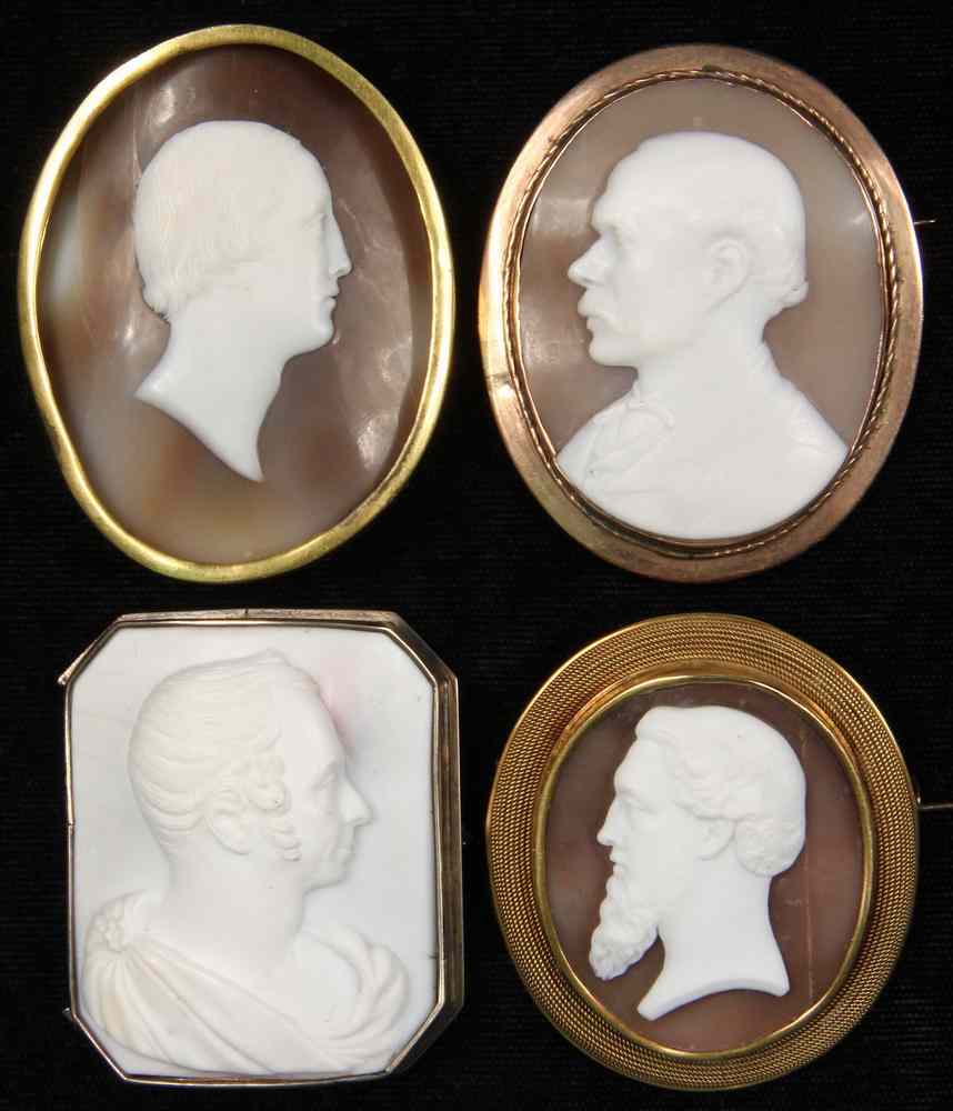 Appraisal: FOUR SHELL CAMEO PORTRAITS OF GENTLEMEN- fitted as brooches in