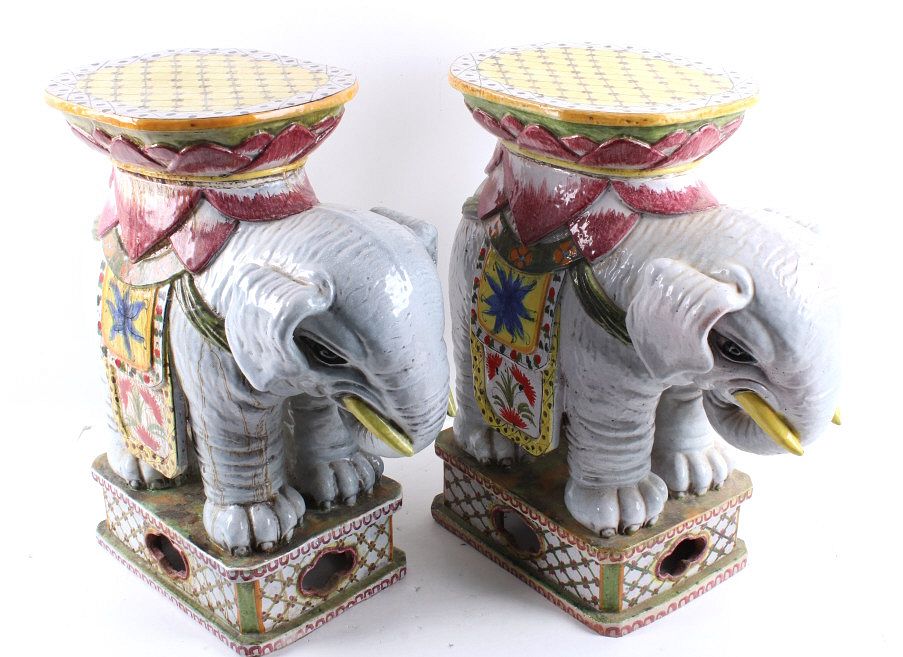 Appraisal: Hand Painted Large Ceramic Elephant Plant Stands Included in this