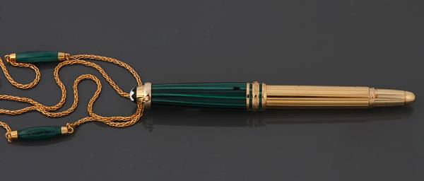 Appraisal: MONT BLANC Meisterstuck Solitaire malachite Mozart pen and chain Mont