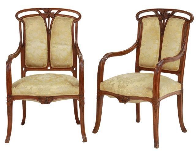 Appraisal: pair French Art Nouveau walnut armchairs attributed to Louis Majorelle