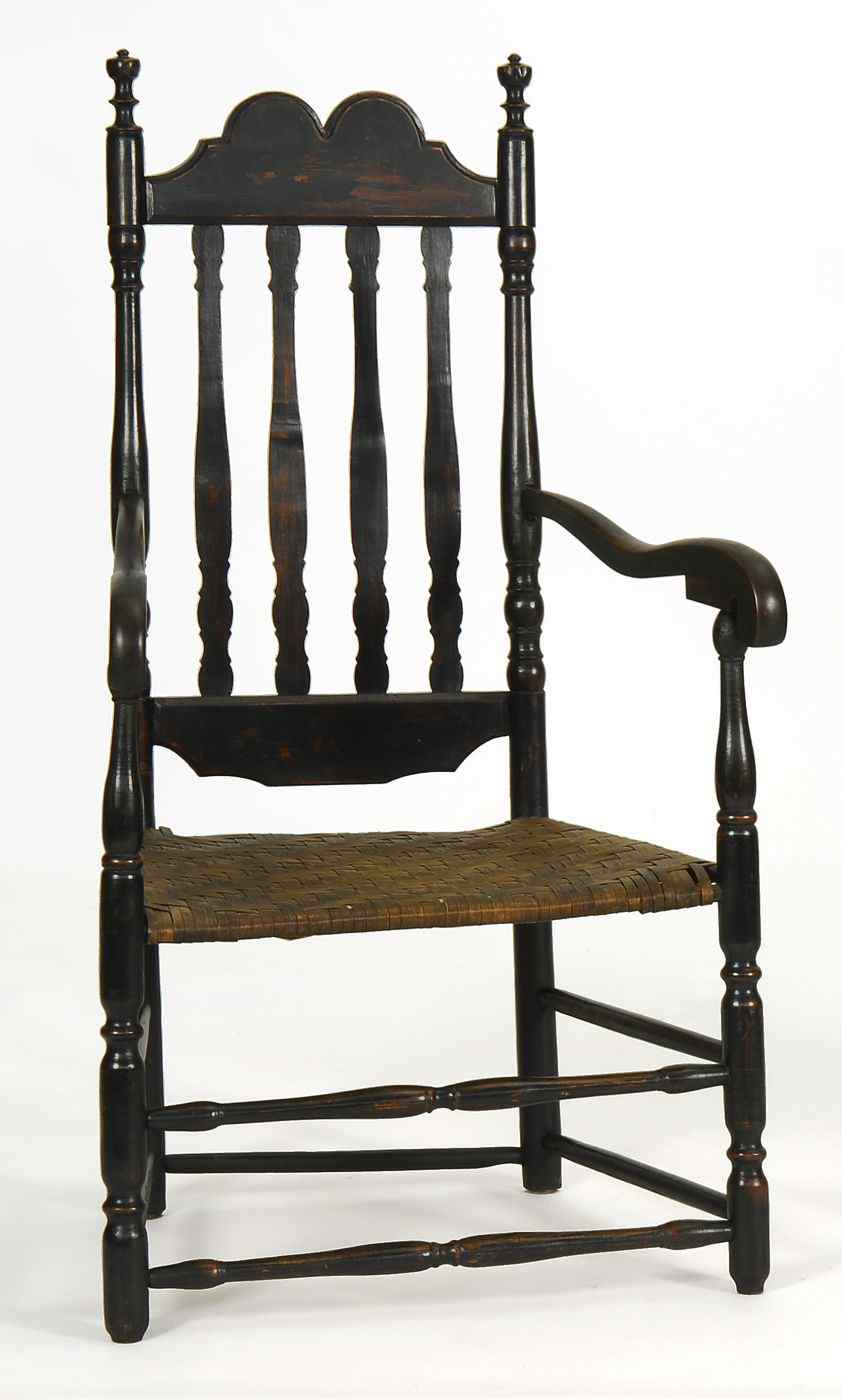 Appraisal: ANTIQUE BANISTER-BACK SPLINT-SEAT ARMCHAIRRhode Island Circa - With carved and