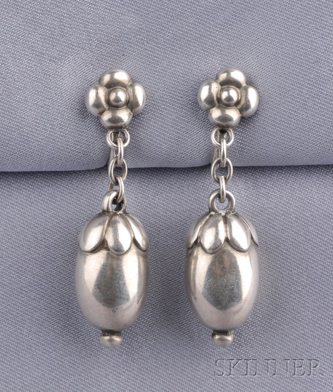 Appraisal: Sterling Silver Earpendants Georg Jensen designed by Georg Jensen lg