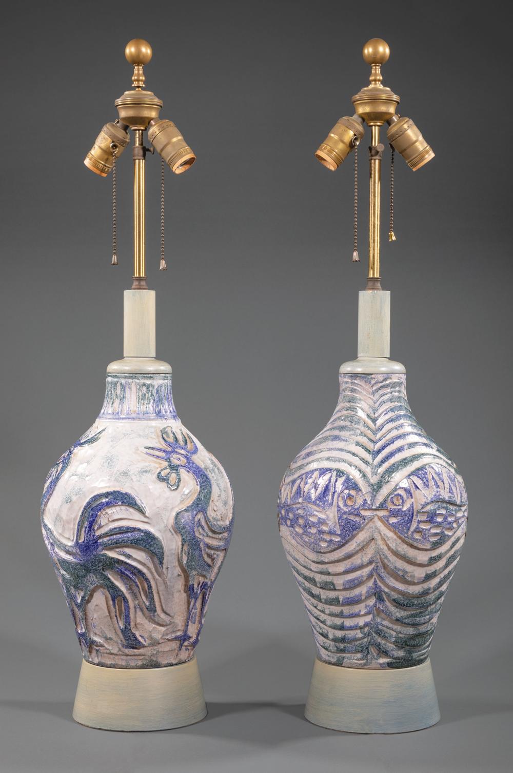 Appraisal: Pair of Halim Guido-Style Glazed Pottery Lamps c incised design