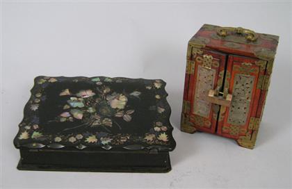 Appraisal: Black lacquer writing box With floral mother of pearl inlay