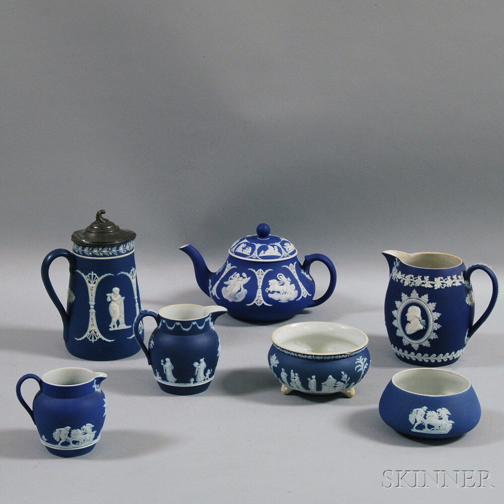 Appraisal: Seven Dark Blue Wedgwood Jasper Dip Items a teapot three