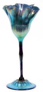 Appraisal: BLUE IRIDESCENT STUDIO GLASS FLORAL FORM VASE BLUE IRIDESCENT STUDIO