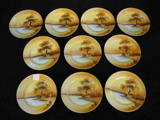 Appraisal: Noritake ''Autumn'' Handpainted Plates cottage along the waterfront ''