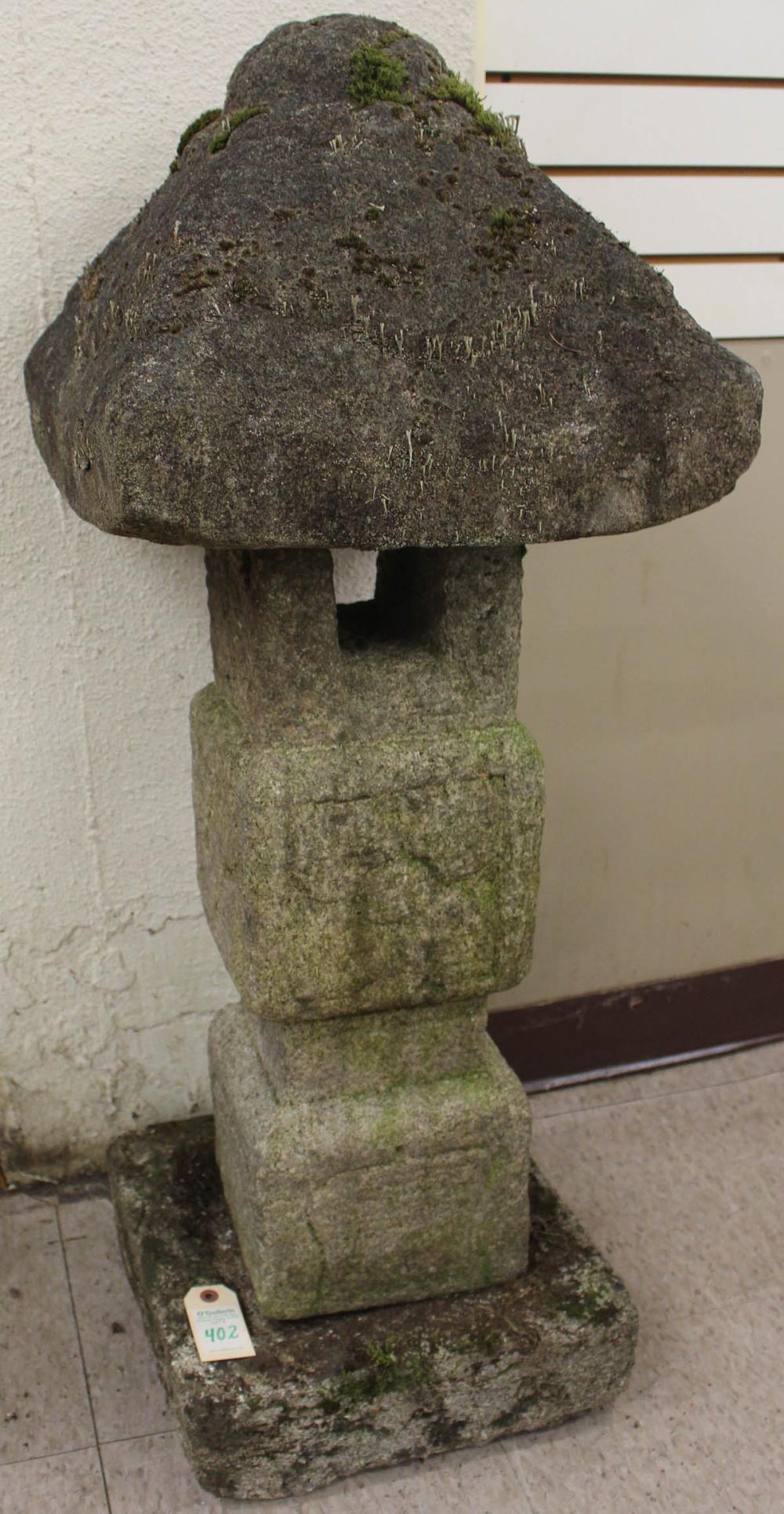 Appraisal: CHINESE SCULPTURED STONE PAGODA Archaic design three stacking pieces H