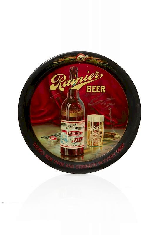 Appraisal: Rainier Tin Beer Tray Rainier tin advertising beer serving tray