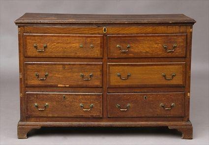 Appraisal: GEORGE III OAK CROSS-BANDED MULE CHEST Now converted to a