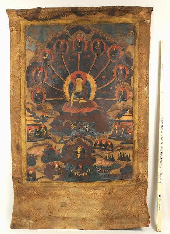 Appraisal: Tibetan Thangka Of Buddha Meditating Tibetan thangka painting of Buddha