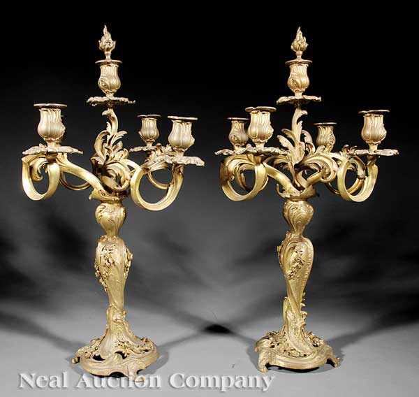 Appraisal: A Pair of Antique Louis XV-Style Gilt Bronze Candelabra scrolled