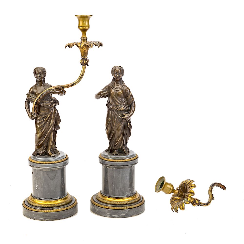 Appraisal: Pair French Empire style bronze candleholders late th century figure