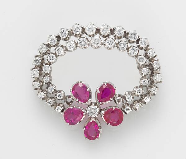 Appraisal: A ruby and diamond brooch estimated total diamond weight carats