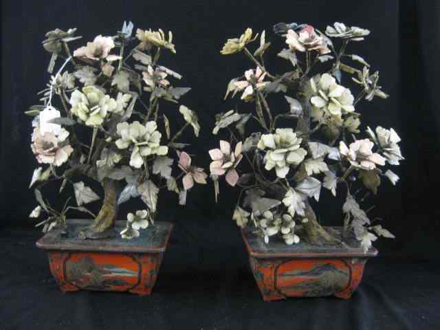 Appraisal: Pair of Early Jade Trees in lacquerwareplanters some hardstone flowers