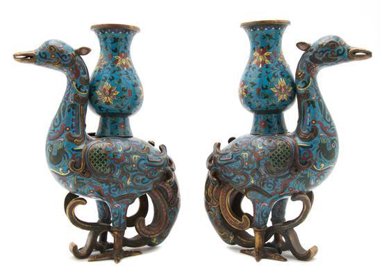 Appraisal: Pair of Chinese Cloisonne Vases each depicting a bird issuing