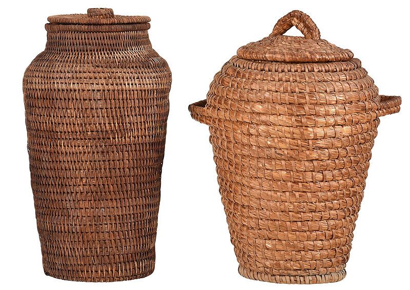 Appraisal: Two Coiled Lidded Baskets lidded basket with handles tapering form