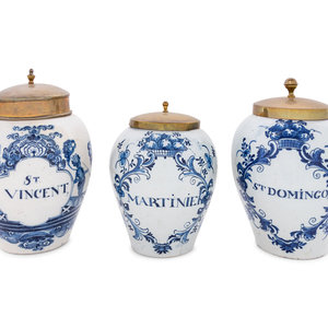 Appraisal: Three Delft Blue and White Tobacco Jars Possibly De Porceleyne