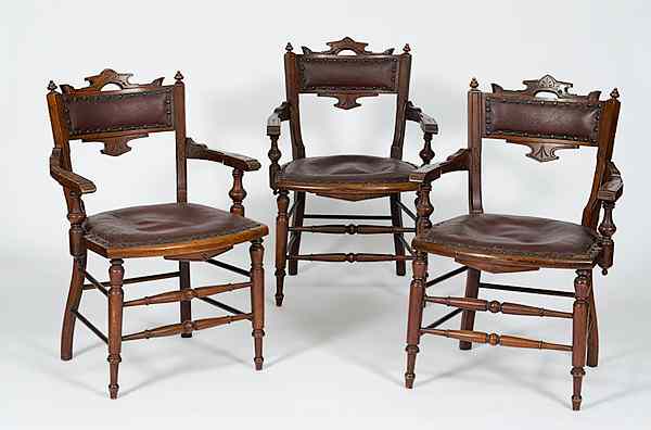 Appraisal: Renaissance Revival Armchairs American ca - three walnut armchairs in