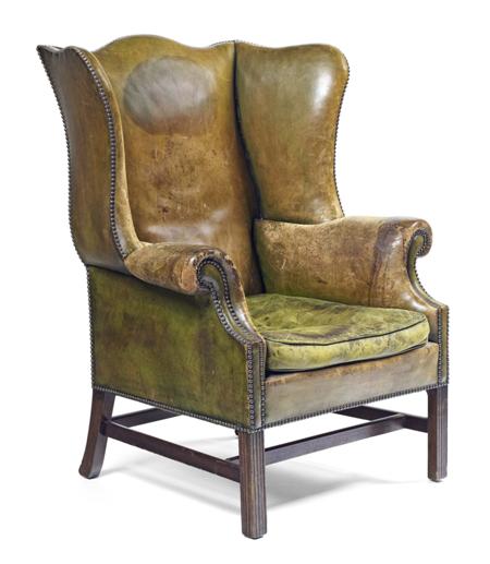 Appraisal: GEORGE III STYLE MAHOGANY AND LEATHER UPHOLSTERED WING ARMCHAIR EARLY