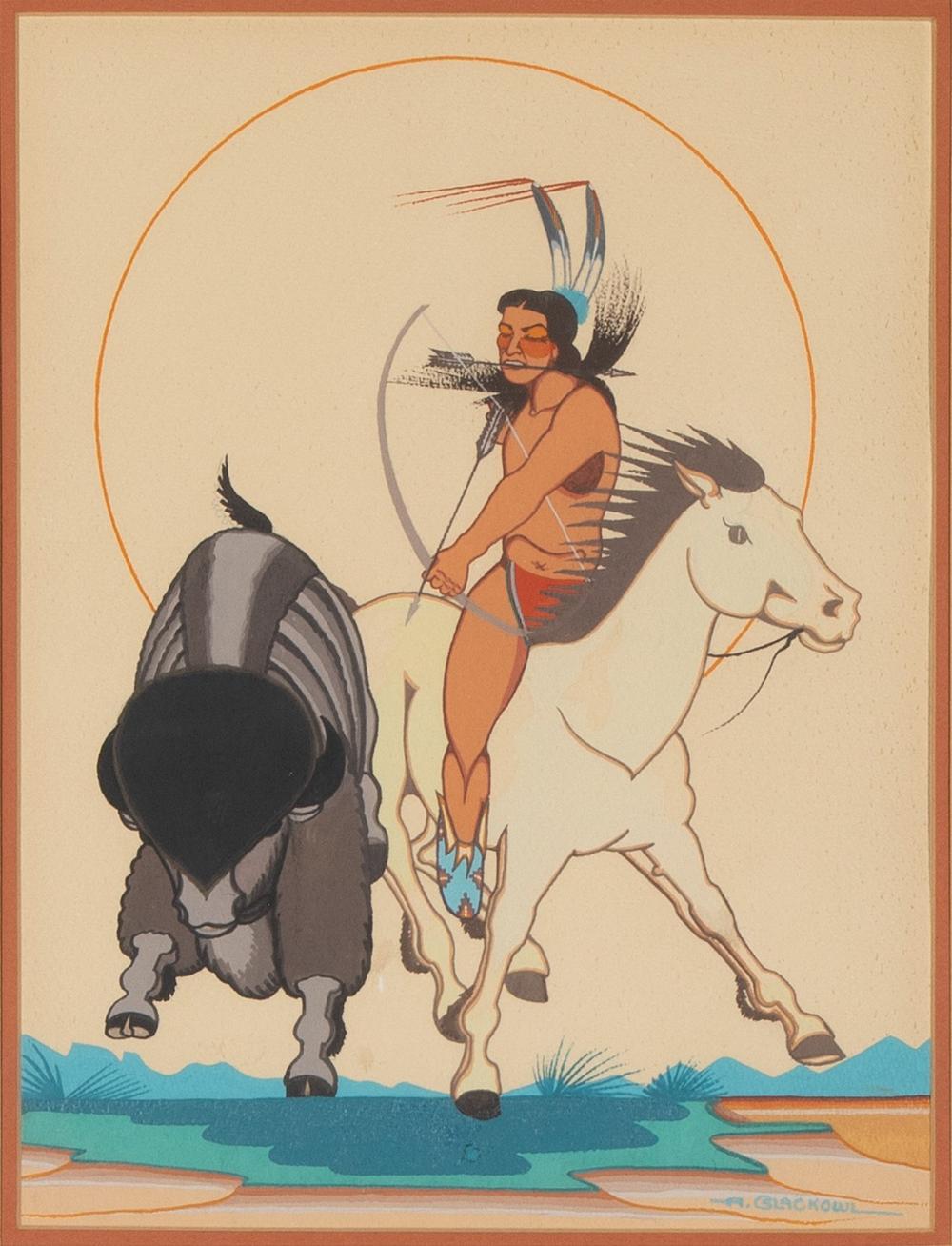 Appraisal: ARCHIE BLACKOWL UNTITLED BUFFALO HUNT Archie Blackowl Cheyenne - Untitled