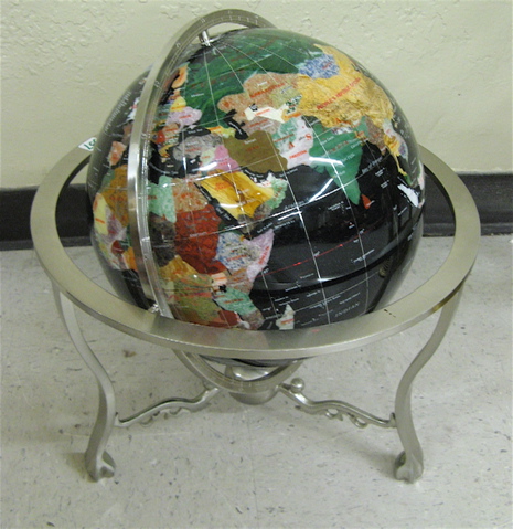 Appraisal: SEMI-PRECIOUS COLOR STONE MOSAIC WORLD GLOBE ON TABLE STAND the