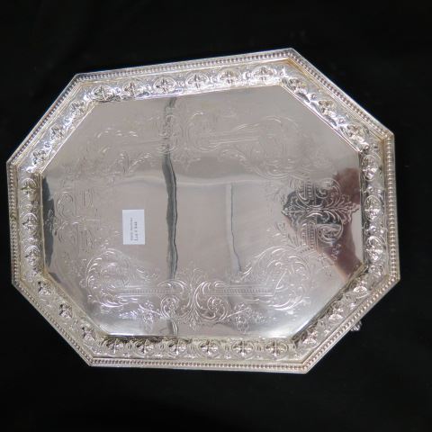 Appraisal: English Silverplate Gallery Style Tray footed engraved designs x excellent