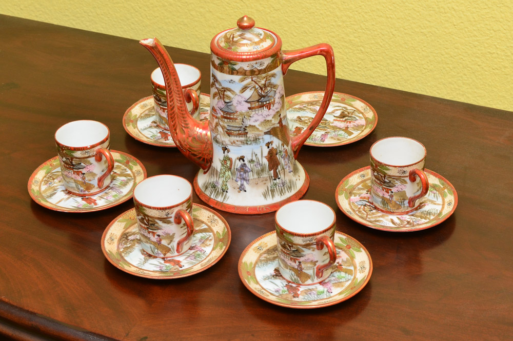 Appraisal: JAPANESE SATSUMA TEA SET pieces total with typical outdoor genre