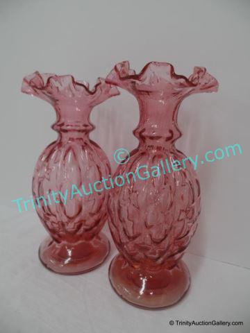 Appraisal: Fenton Diamond Optic Ruby Overlay Pair of Vases Produced by