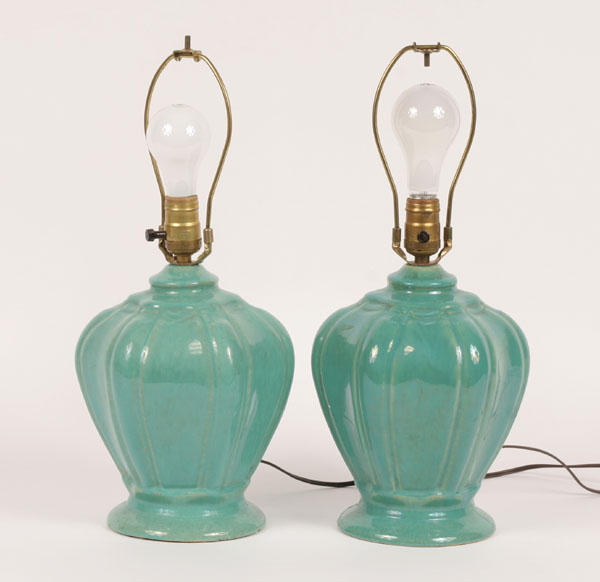 Appraisal: Pair of vintage art pottery lamps blue glaze H