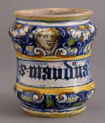 Appraisal: VENETIAN MAJOLICA BEAKER-FORM APOTHECARY JAR Centered by a Latin title