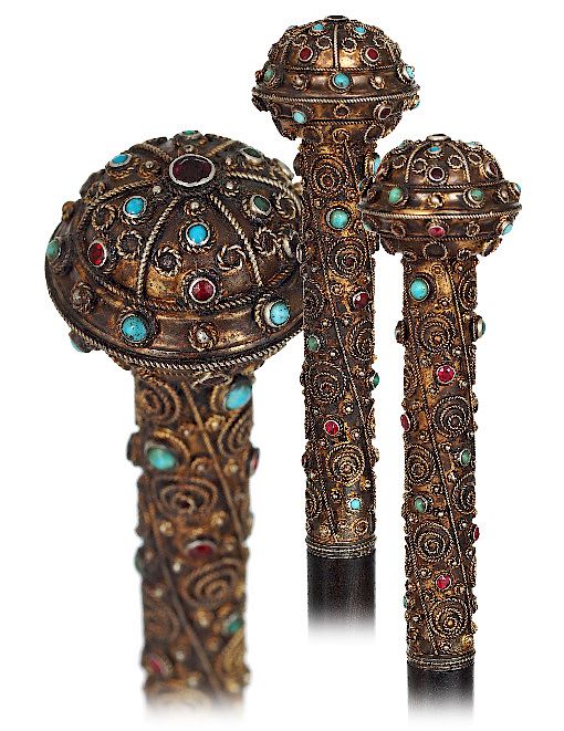 Appraisal: Silver Gilt and Jeweled Dress Cane -Ca -Silver gilt filigree