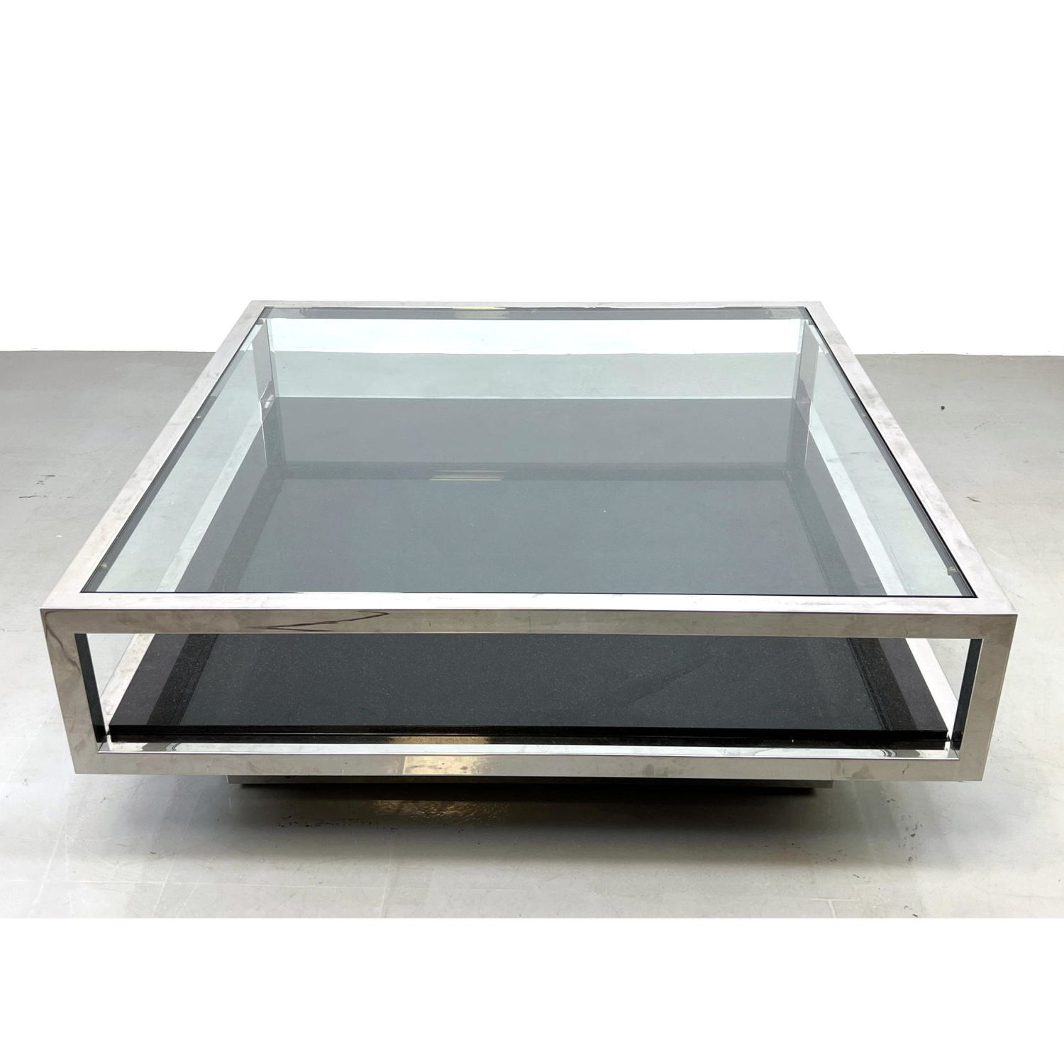 Appraisal: Large BRUETON Coffee Table Square Chrome Frame Glass Top Cocktail