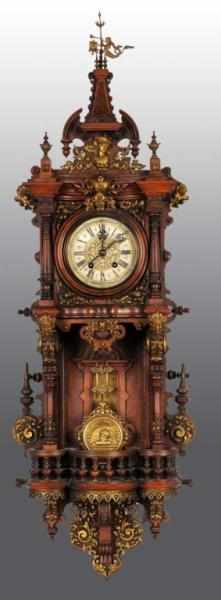 Appraisal: Ornate Time Strike Wall Clock Description With brass overlays Has