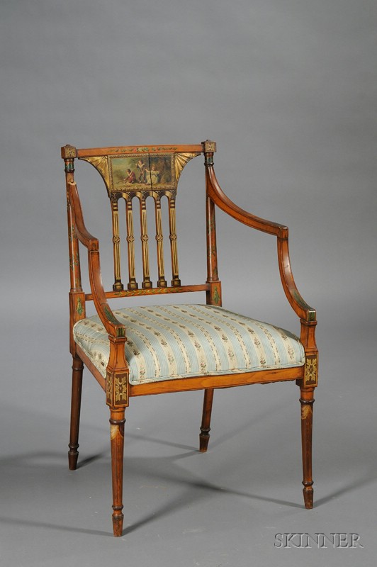 Appraisal: Edwardian Painted and Parcel-gilt Satinwood Open Armchair early th century