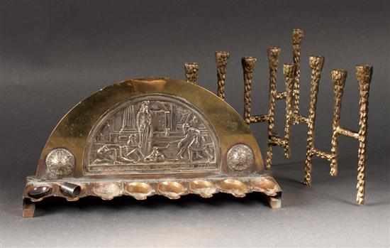 Appraisal: Continental silver-plate and brass menorah or channukia second quarter- th