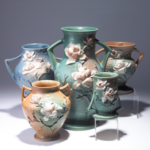 Appraisal: Five ROSEVILLE Magnolia vases to include one blue - repair