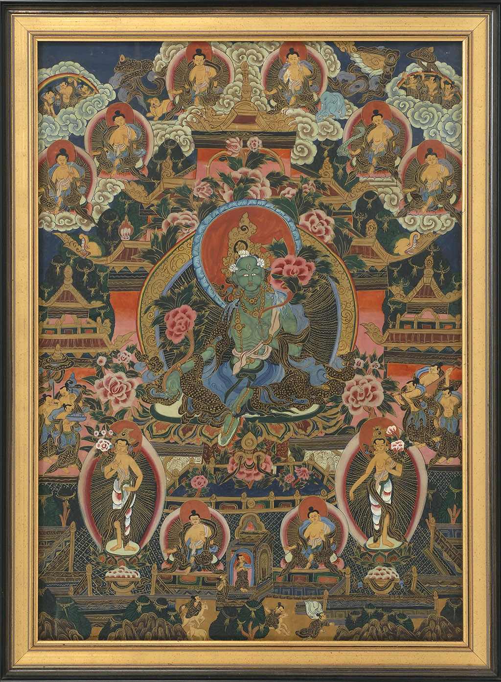 Appraisal: FRAMED THANKA Green Tara surrounded by various bodhisattva x cm