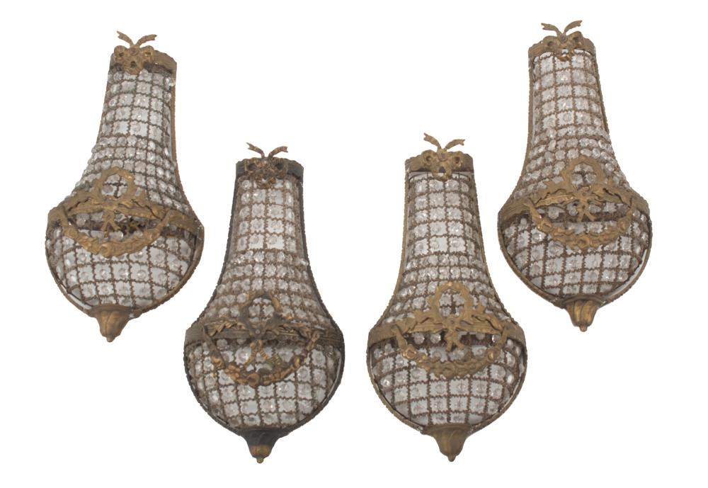 Appraisal: Four French Bronze and Beaded Crystal Urn-Form Wall Sconces h